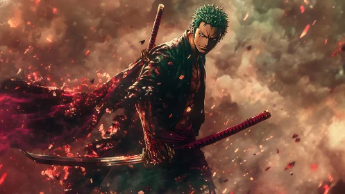 Swordsman strides through burning storm with blazing resolve