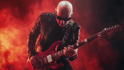 Bald rock guitarist in fiery red stage lighting performance.