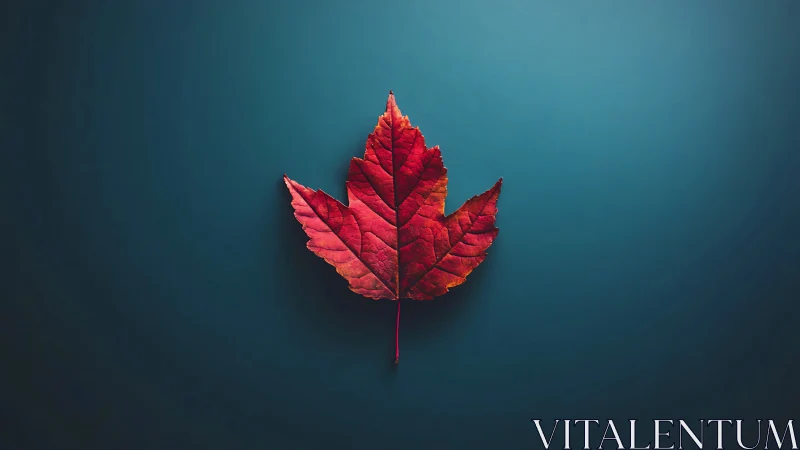 Macro study of single red maple leaf on teal gradient ground