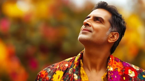 Middle-aged man looks upward in floral jacket outdoors