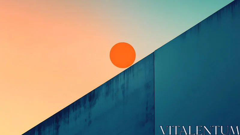 Geometric gradient skyline with tangent orange solar disk.