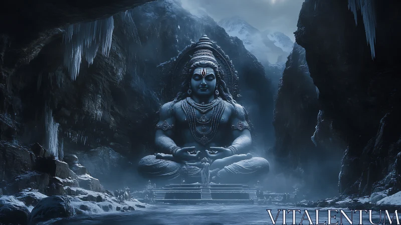 Large Shiva statue sits in icy mountain cavern at night