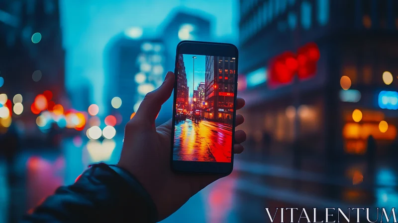 Smartphone frames vivid city street on rainy night.