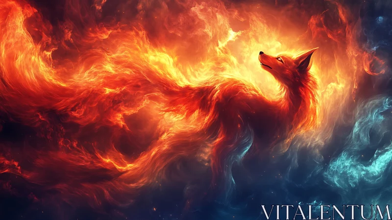 Fiery celestial fox emerging from swirling cosmic flames.