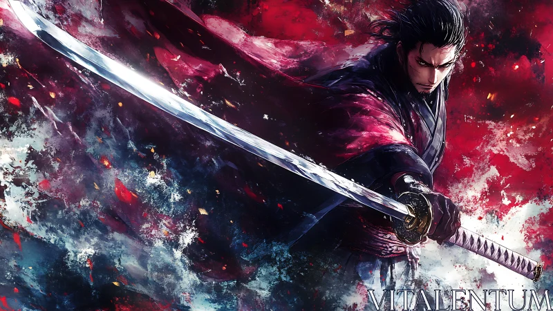 Storm‑scarred cosmos bends around the crimson samurai strike