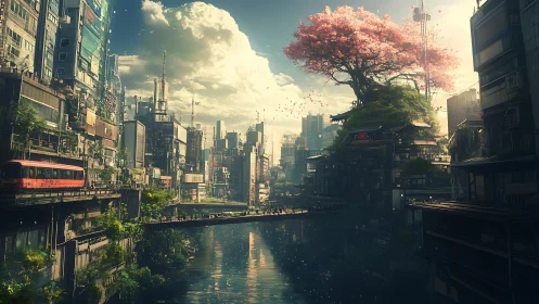 Hybrid megacity river corridor integrates rail transit and biophilic tower