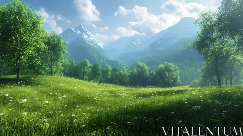 Sunlit alpine meadow with snowcapped mountain backdrop.