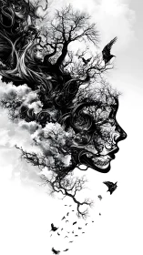 Surreal female profile merges trees, clouds, swirling birds.
