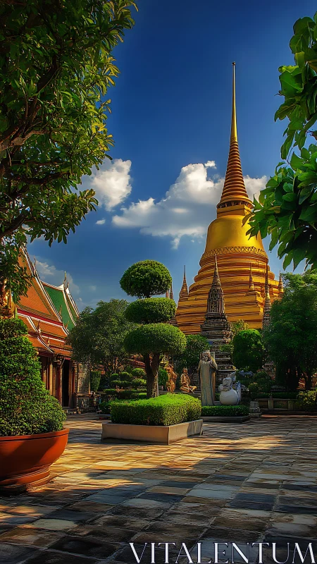 Golden temple spire with courtyard trees under blue sky.