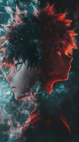 Dual ember-hearted hero mirrored in storm-lit neon haze.