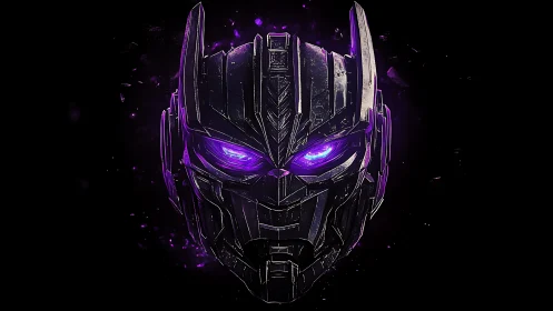 Metallic robotic helmet face is centered on black backdrop