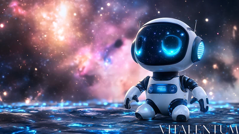 Small futuristic robot on luminous surface with nebula sky.