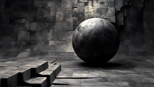 Monolithic metallic sphere within fractured geometric chamber.