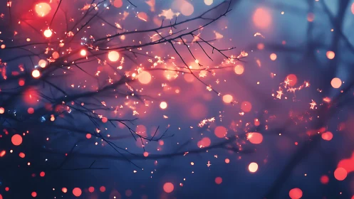Winter branches glow under drifting crimson bokeh light.