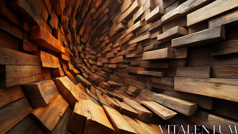 Twisted Wooden Tunnel with Surreal Geometric Patterns.