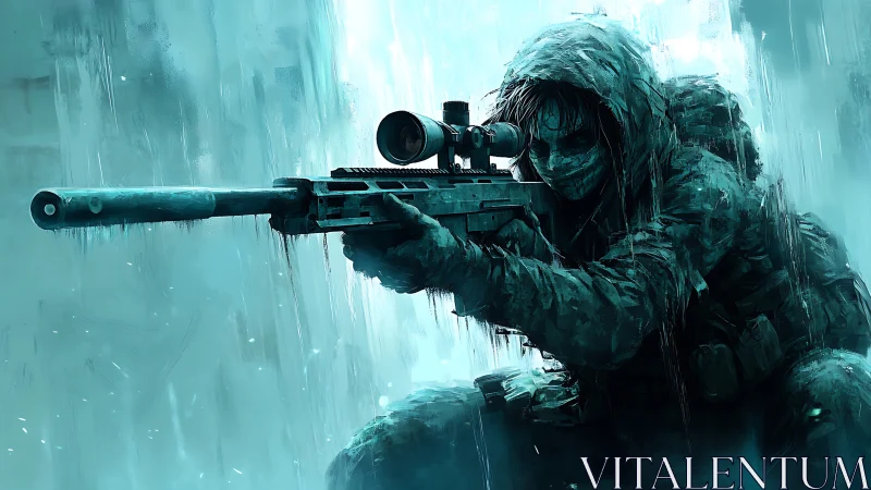 Sniper in turquoise tactical gear aiming rifle with scope.