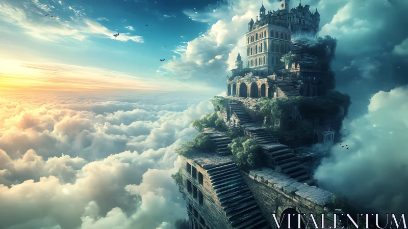 Skyward stone citadel crowns stairway above glowing clouds.