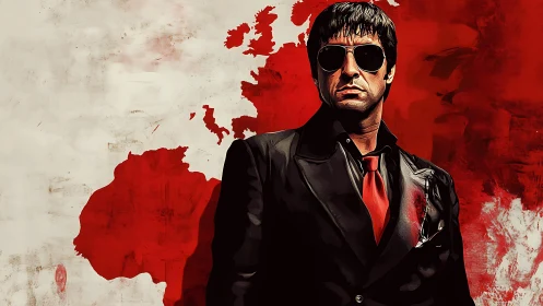 Bold suited figure framed by dramatic red backdrop.