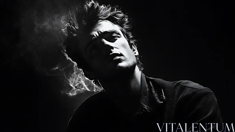 Moody male portrait emerges from darkness with drifting smoke