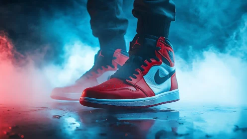 Red and white sneakers glow in dramatic neon smoke scene.