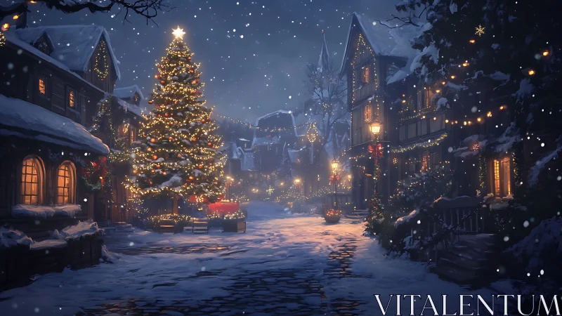 Nocturnal village street with illuminated Christmas tree centerpiece.