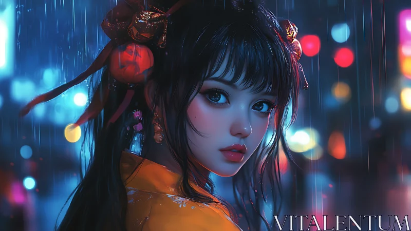 Neon city rain frames a reflective girl in glowing silence.