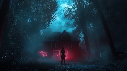 Silhouetted figure before illuminated house in dense forest at night.