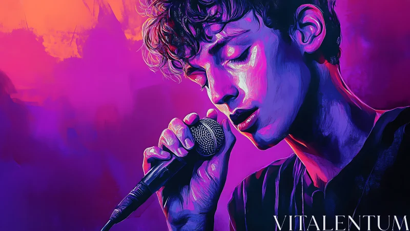 Neon-lit singer in vivid purple and orange concert glow.