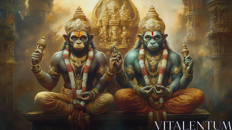 Twin simian sages in molten-gold temple haze, silently throned.