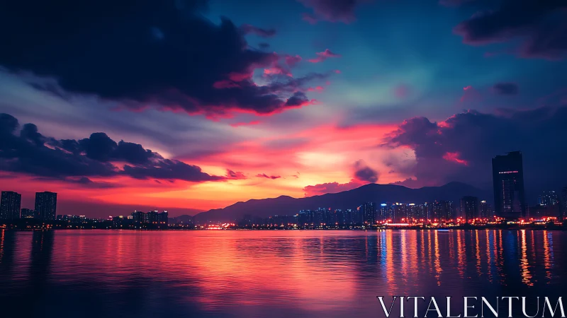 City lights rest gently beneath a glowing sunset sky