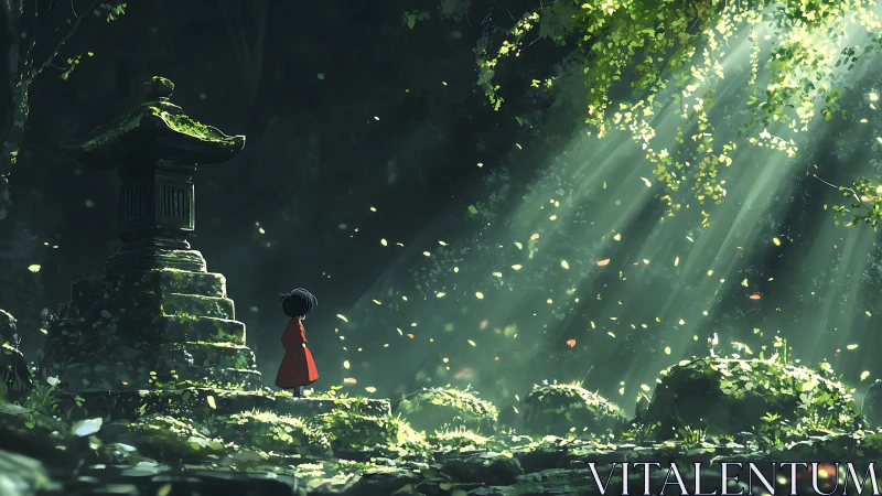 Child in red coat stands by mossy shrine under forest light