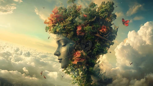 Skyborn earth goddess merges foliage and human form.