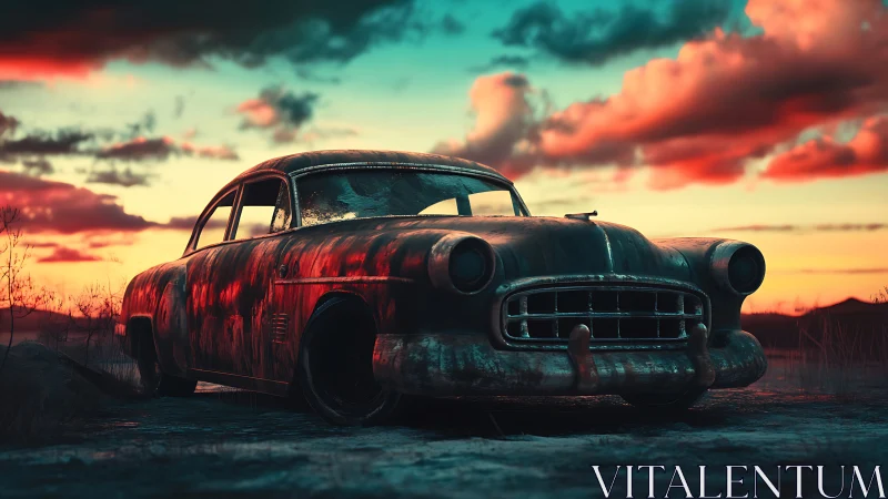 Rusting classic car rests under a vivid post-apocalyptic sky
