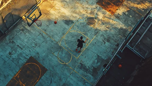 Rooftop court dreamer launching a lone sunset jumper.