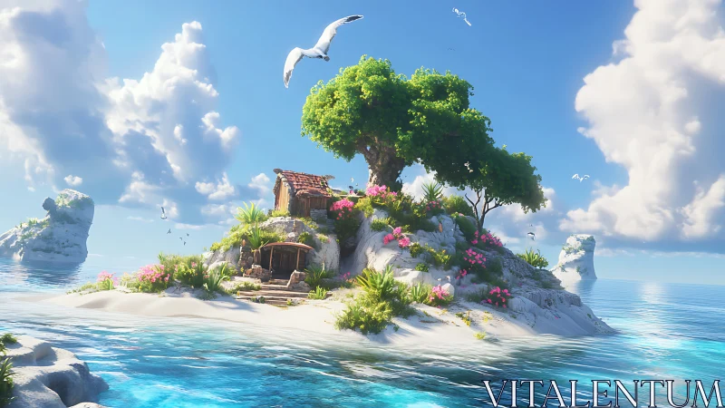 Tropical Island Sanctuary with Weathered Architecture and Lush Vegetation.