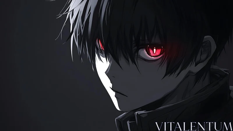 Red-eyed midnight loner staring through the grayscale hush.