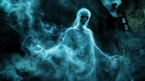 Translucent skeletal specter rendered in volumetric blue fog field