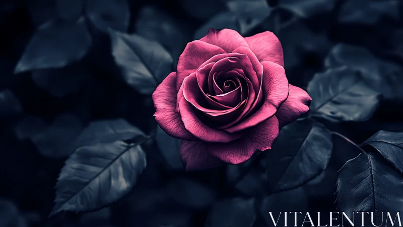 A Stunning Pink Rose Glows Against Dark Moody Foliage.