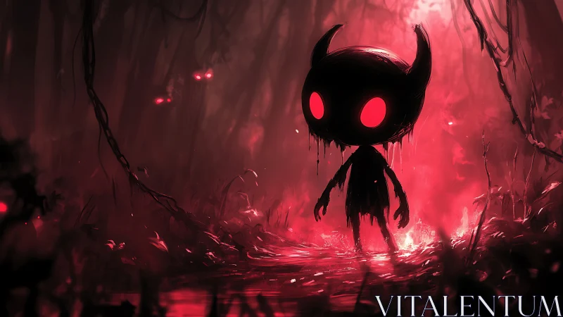 Horned shadow figure with neon-red eyes in infernal forest