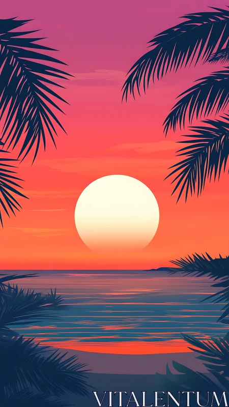 Sunset lagoon glows beneath neon tropic palm silhouettes.