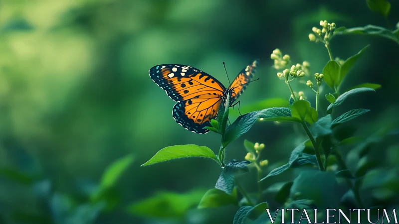 Gentle orange butterfly resting in a lush green garden.