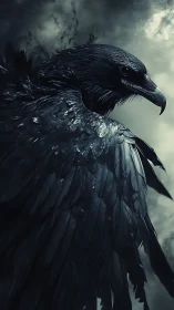 Dark raven portrait against stormy, muted cloudy sky.