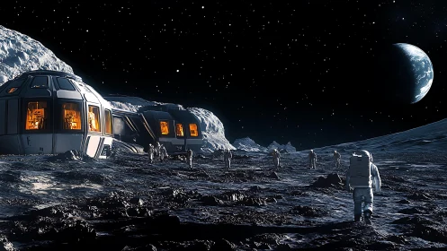 Starlit lunar explorers walk toward a warmly lit moon base