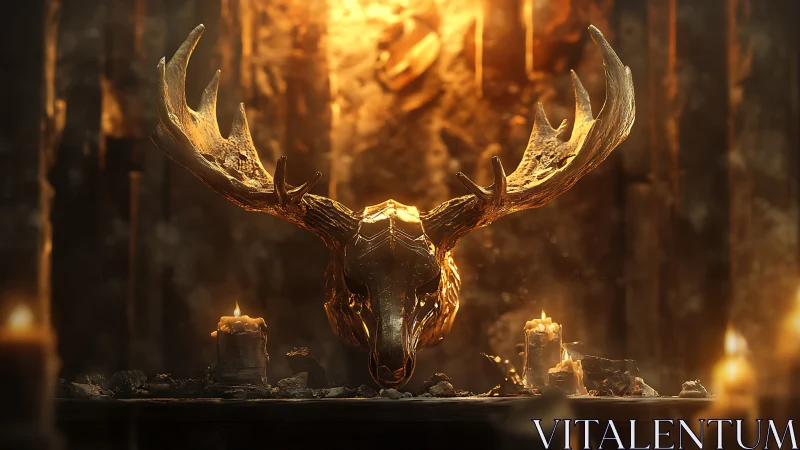 Golden stag reliquary crowned in ritual candlefire glow.