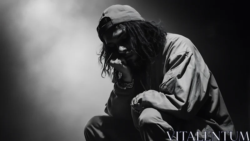 Moody hip hop performer kneels under stark stage spotlight.