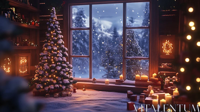 Snowlit Christmas tree glows inside cozy winter cabin room