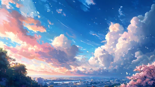 Glowing sunset clouds roll over a peaceful city and bay