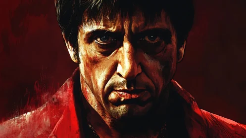 Brooding crime kingpin painted in molten crimson shadows.