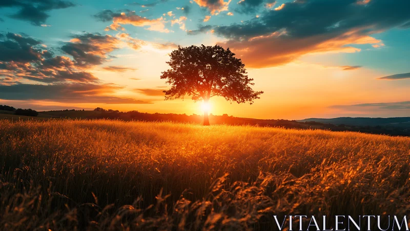 Lone tree in golden field at vivid sunset sky.