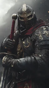 Storm-lit armored knight quietly readies a steadfast defense